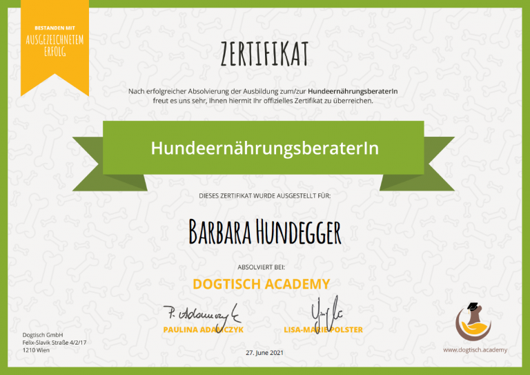 das Zertifikat zur Hundeernährungsberaterin für Barbara Hundegger